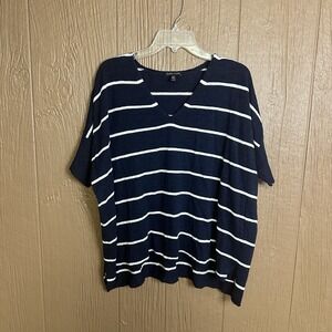 EILEEN FISHER‎ Relaxed Fit Organic Linen V-Neck Slub Sweater XL Navy White Boxy